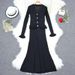 Women's Clothing Autumn And Winter Style Lady Temperament Slim V Neck Ruffled Long Sleeves Mid Length Knitted Fishtail Dress_ecoleips.com
