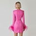 Aria Basics Aria Basics High-End Square Neck Ostrich Feather Long Sleeve Bandage European And American Women's Dress Autumn Style Mature_ecoleips.com