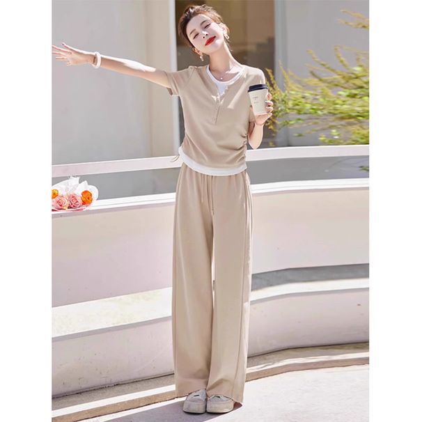 Women's Clothing Internet Celebrity Age Reducing Waist Slimming Short Sleeved Wide Leg Pants Two Piece Suit_ecoleips.com