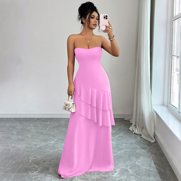 "Strapless Elegant Cake Dress For Women - European & American Style Party Wear, Flattering Fit, Breathable Polyester_ecoleips.com