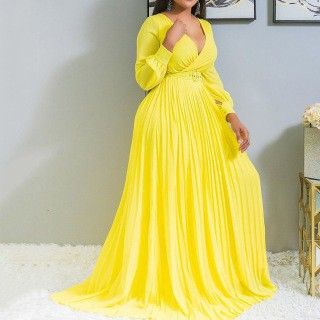 Women's Clothing High Waist Slim Solid Color Temperament Retro Chiffon Long Sleeve Long Dress_ecoleips.com