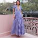 2025 New European And American Low-Cut V-Neck Fashionable Striped Print Puff Sleeve Large Hem Dress For Women_ecoleips.com