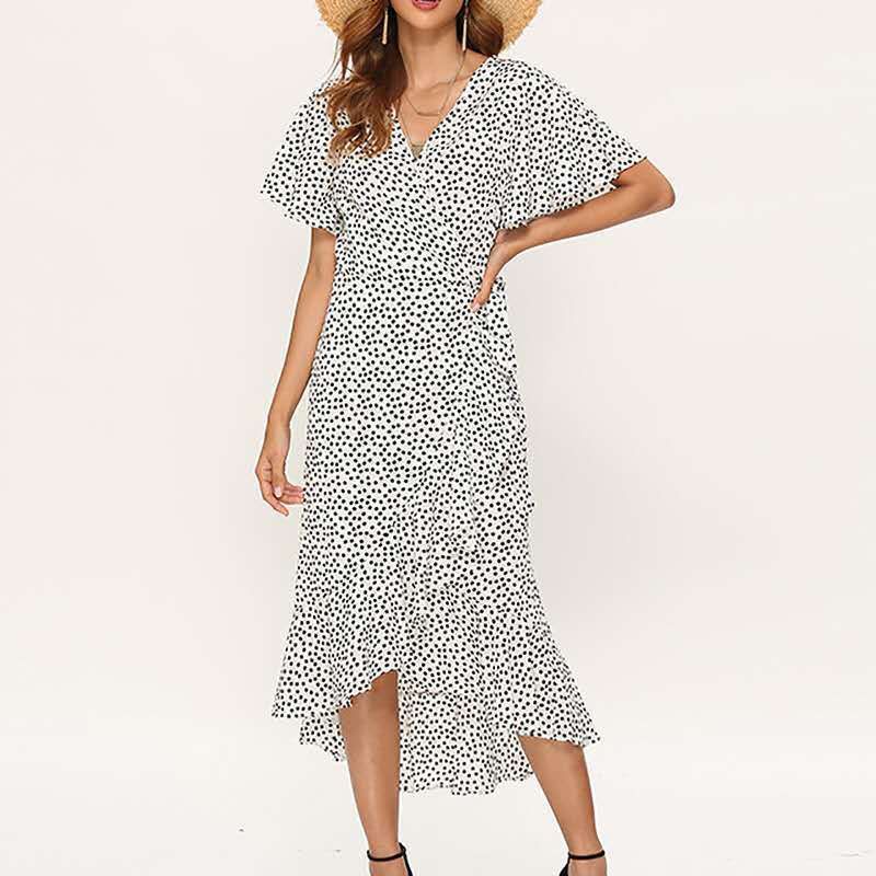 European Collection 2022 Summer Sexy V-neck Asymmetrical High-waisted Tie-up Flutter Sleeve Chiffon Printed Dress_ecoleips.com