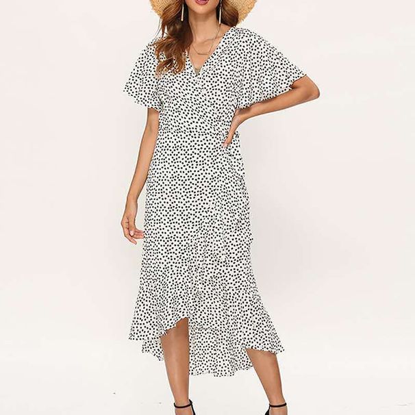 European Collection 2022 Summer Sexy V-neck Asymmetrical High-waisted Tie-up Flutter Sleeve Chiffon Printed Dress_ecoleips.com