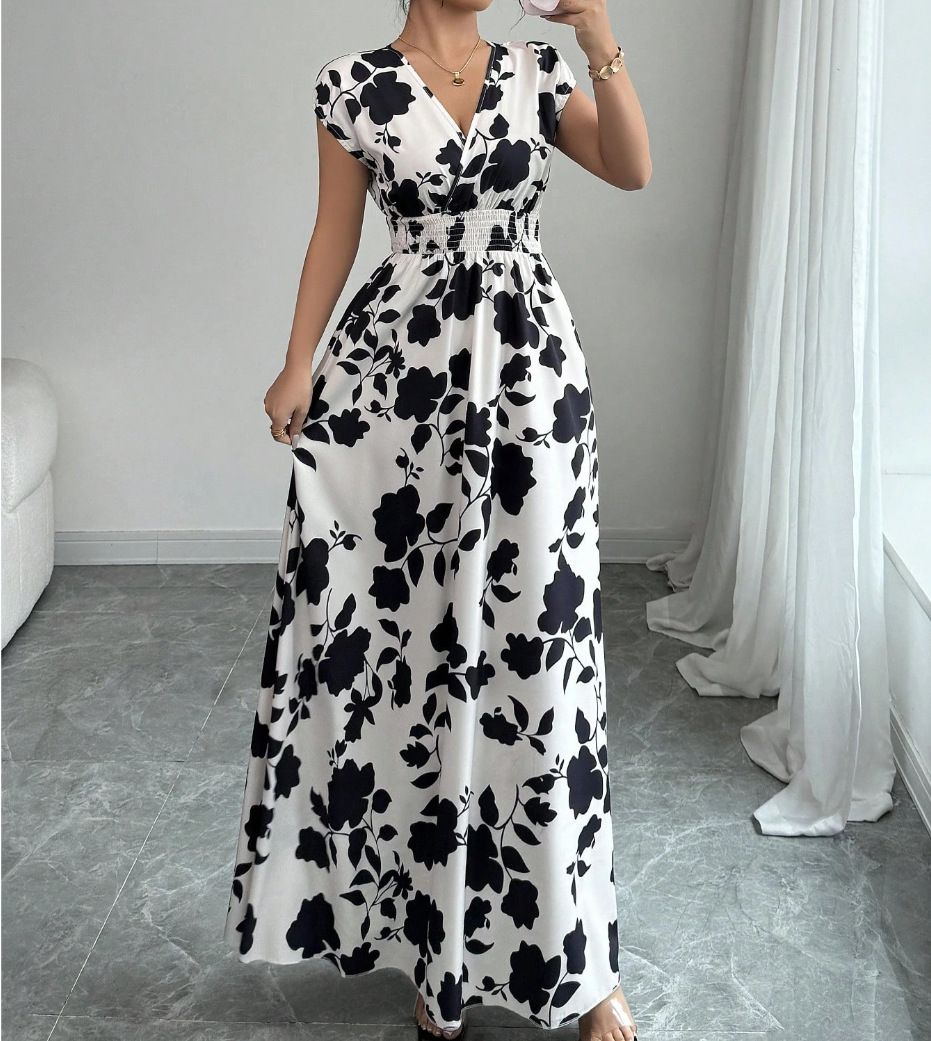 Short Sleeve Tie New Printed V-Neck Long Dress Cross-Border Summer Waist-Cinching Women's Clothing_ecoleips.com