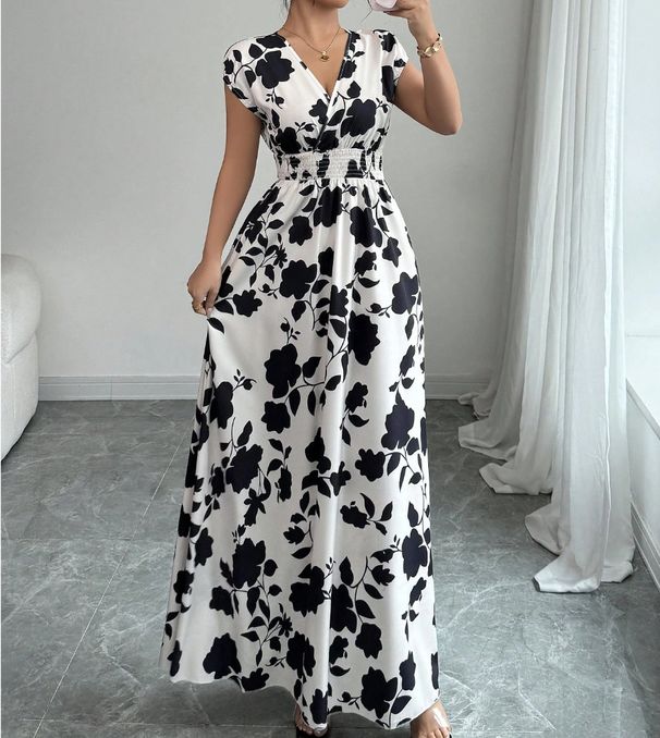 Short Sleeve Tie New Printed V-Neck Long Dress Cross-Border Summer Waist-Cinching Women's Clothing_ecoleips.com