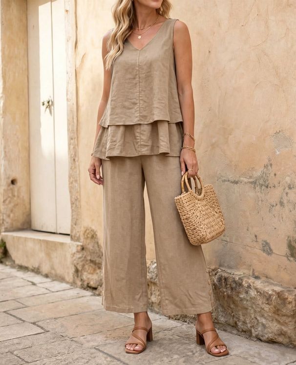 Women's New Style Two Piece Set Solid Color V Neck Sleeveless Top And Wide Leg Pants Layered Design_ecoleips.com