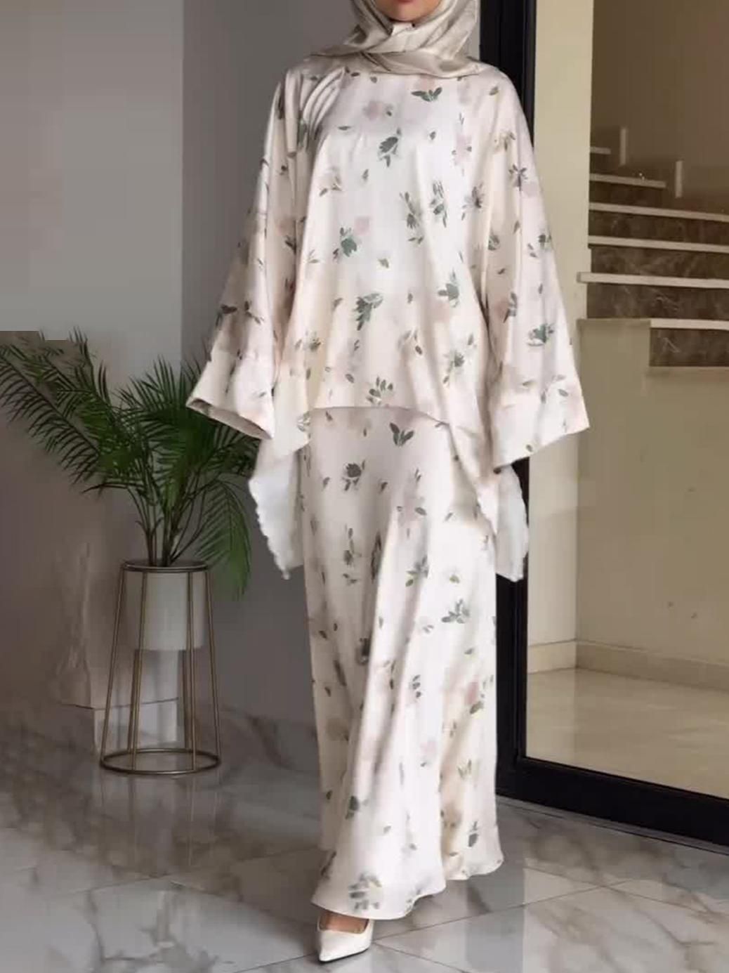 Women's Modest Floral Print Dress Set - Long Sleeve Tiered Maxi Dress With Coordinated Headscarf_ecoleips.com