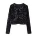 Trendy 3D Bow-Trim Short Jacket For Women - Glitter Detailing, A-Line Silhouette, Polyester-Spandex Blend (XS/S/M/L, Black/Red/Cream/Silver)_ecoleips.com