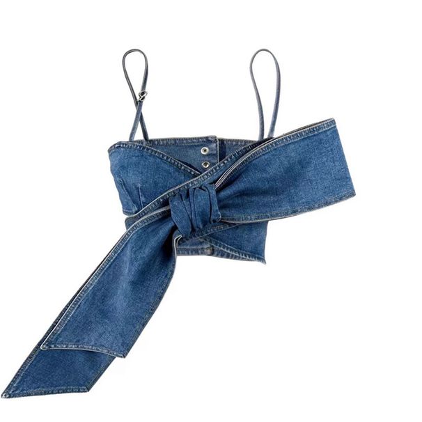 New Retro Hot Girl Personality Three Dimensional Bow Tube Top Vest Knot Straight Wide Leg Distressed Jeans Suit_ecoleips.com