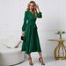 Aria Basics Aria Basics 2026 New Women's Long Sleeve Slim Pleated Belt V-Neck Dress Cross-Border A-Line_ecoleips.com
