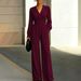 Women's Slim Fit V Neck Jumpsuit Solid Color Wide Leg Fall Winter Irregular Waist Jumpsuits And Rompers_ecoleips.com