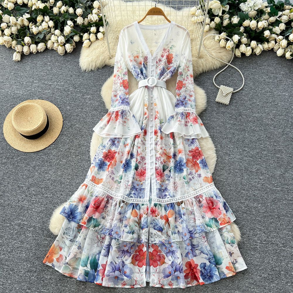 Women's French Style Floral Print Dress V Neck Long Sleeve Fitted Waist A Line Skirt Elegant Long Dress For Commuting Spring_ecoleips.com