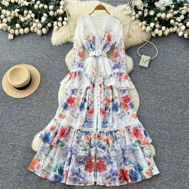 Women's French Style Floral Print Dress V Neck Long Sleeve Fitted Waist A Line Skirt Elegant Long Dress For Commuting Spring_ecoleips.com