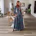 Women's Bohemian Style Printed Dress V-Neck High Waist Bell Sleeves Long Floral Print for Resort European American Fashion_ecoleips.com
