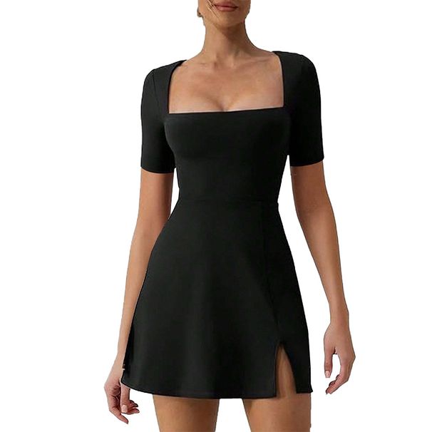 2026 European And American Women's Fashion Sexy Elegant Square Neck Design Sense Hem Slit Waist A-Line_ecoleips.com