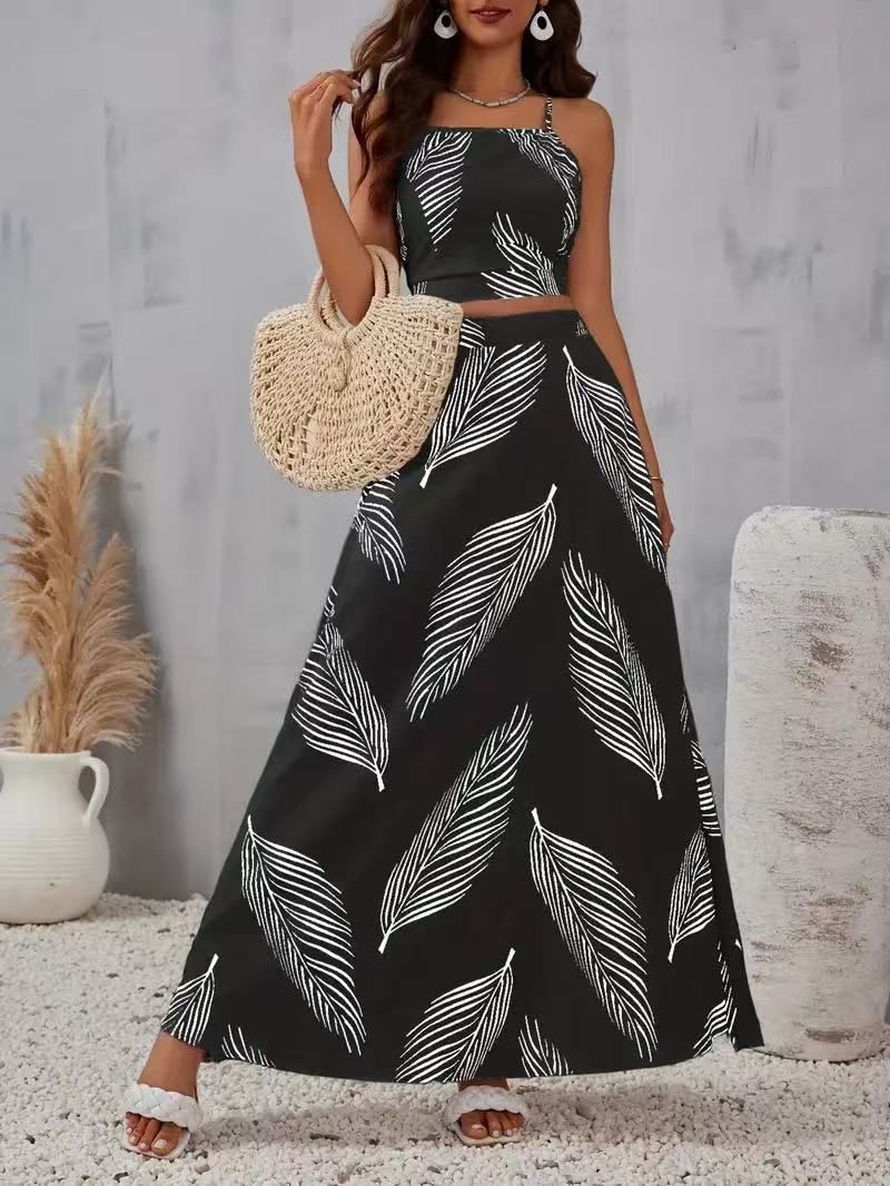 Women's Clothing Women's Elegant Print Two Piece Set Sleeveless Camisole Top And Slit Skirt Resort Style For Formal & Casual For Women_ecoleips.com
