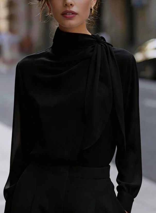 Satin Ribbon Women's Shirt Stand Collar Long Sleeve Luxury Commuting Relaxed Everyday Wear Comfortable Feshion_ecoleips.com
