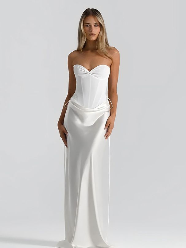 Women's Slim Fit Evening Dress European American Style Fashion Solid Color Herringbone Waist with Flowing Ribbons Long Fishtail Skirt_ecoleips.com