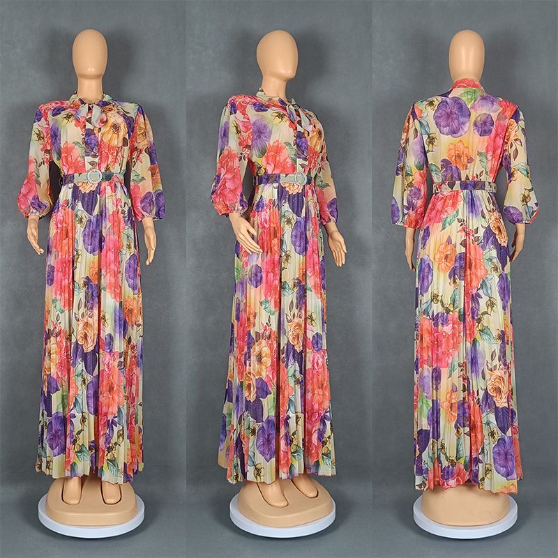 Women's Clothing Scarf Collar Temperament Puff Sleeve Waist Print Design Dress_ecoleips.com
