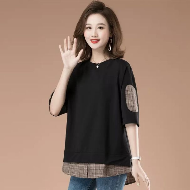 Fake Two-Piece Sweatshirt For Women, Long-Sleeve Summer Loose Middle-Aged Mom Plus-Size Top 6674_ecoleips.com