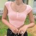 Fashionable 2025 Summer New Short Sleeved U-neck Single Breasted Slim Fit Open Navel Solid Color T-shirt For Women_ecoleips.com