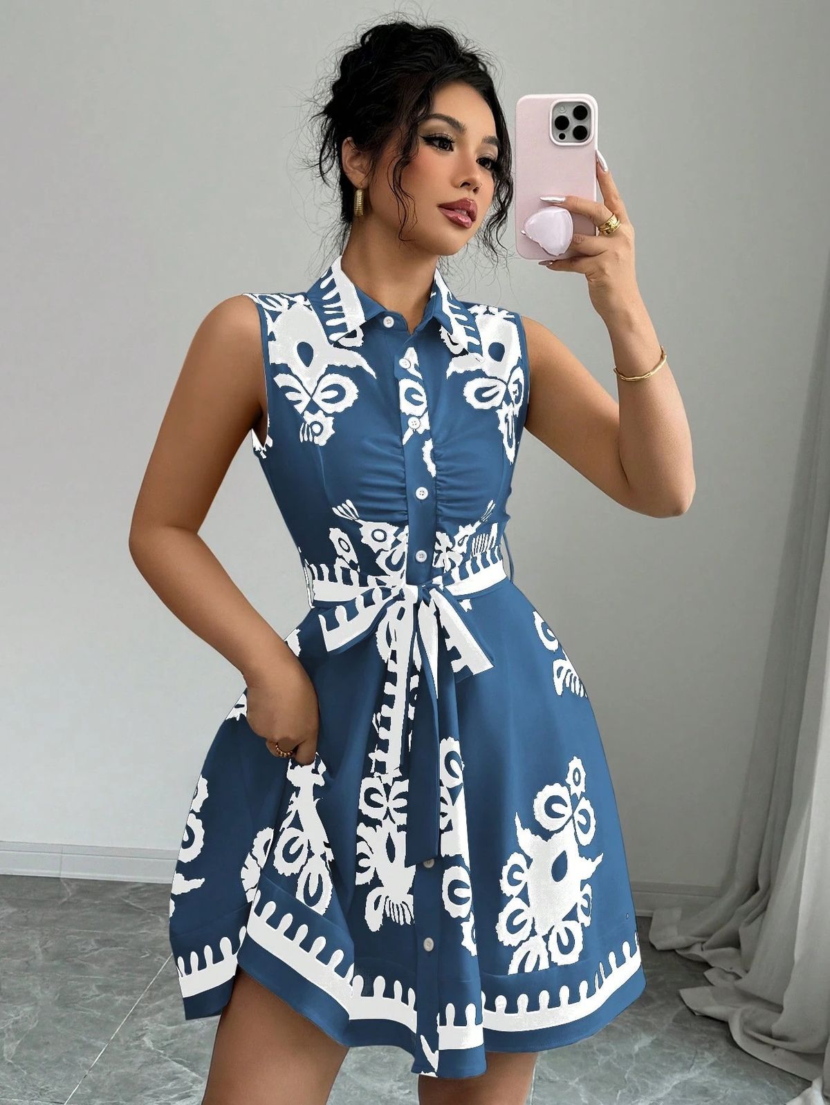 Women's Clothing New Style Tie Waist Printed Sleeveless Dress_ecoleips.com