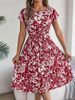 Elegant Floral Short Sleeved Pleated Dress Women Round Neck Medium Long Spring Summer Causal A Line Dress_ecoleips.com