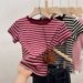 Retro Hong Kong Style Women's T-Shirt Color Blocked Striped Slim Fit Short Sleeve Versatile Top for Spring/Autumn Summer_ecoleips.com