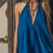 Summer Halter Neck Deep V Dress Women's Loose Beach Clothing Color Block Cotton Linen a Line Mini Skirt European American Style_ecoleips.com