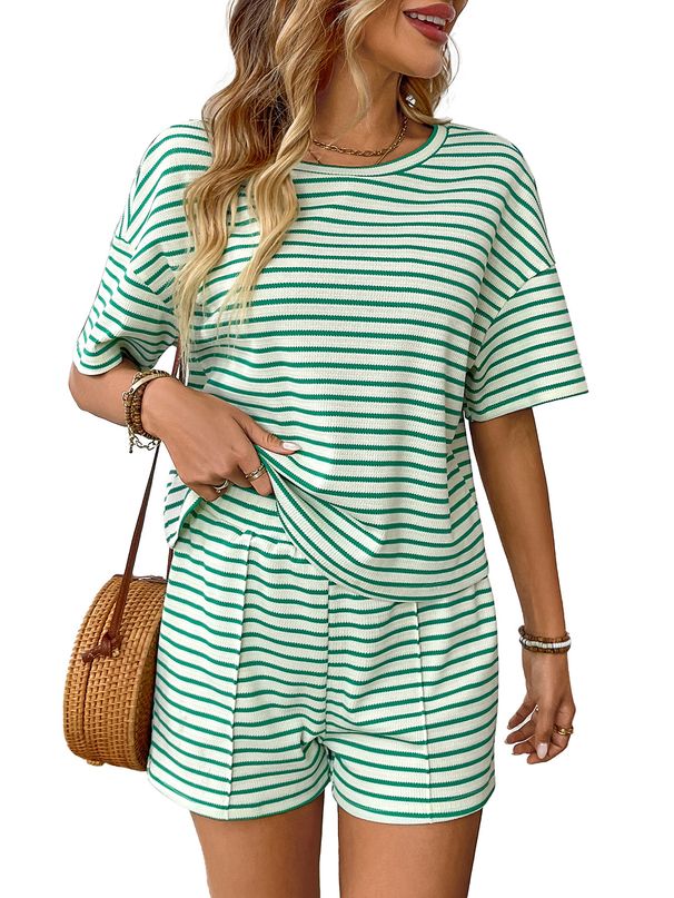 2025 Summer New European And American Women's Fashion Knitted Striped Casual Shorts Sports Set For Women_ecoleips.com