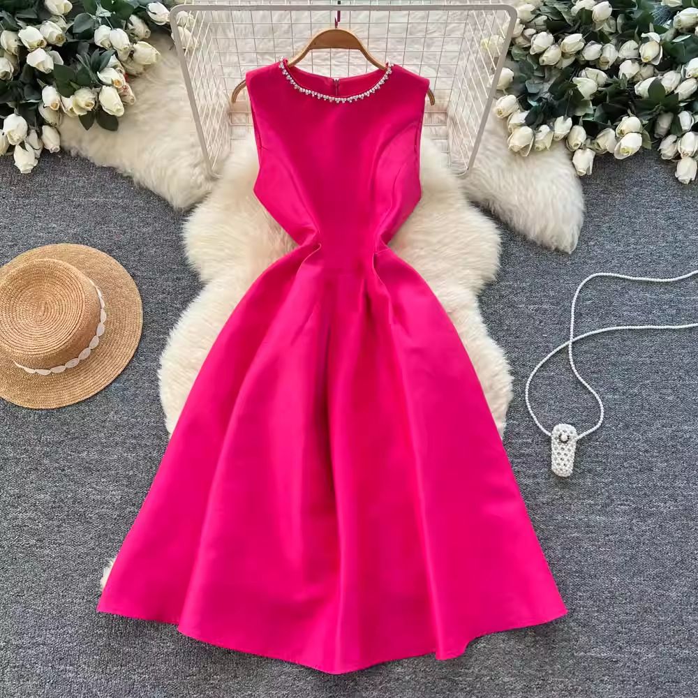 Women's Clothing Elegant Sleeveless A-Line Dress – Crystal Neckline & Flared Hem (S-XXL)_ecoleips.com