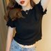Ice Silk T-Shirt For Girls, Short Sleeve, Summer Student Best Friend, Slimming Black Fungus Lace Solid Color Base Layer,_ecoleips.com