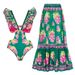 Women's Retro Printed Long Sleeve Swimsuit - Deep V Neck One-Piece Swimwear_ecoleips.com