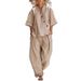 Women's Clothing Women's Fashion Two Piece Set Style V Neck Loose Short Sleeve Top With High Waisted Trousers Solid Color Casual_ecoleips.com