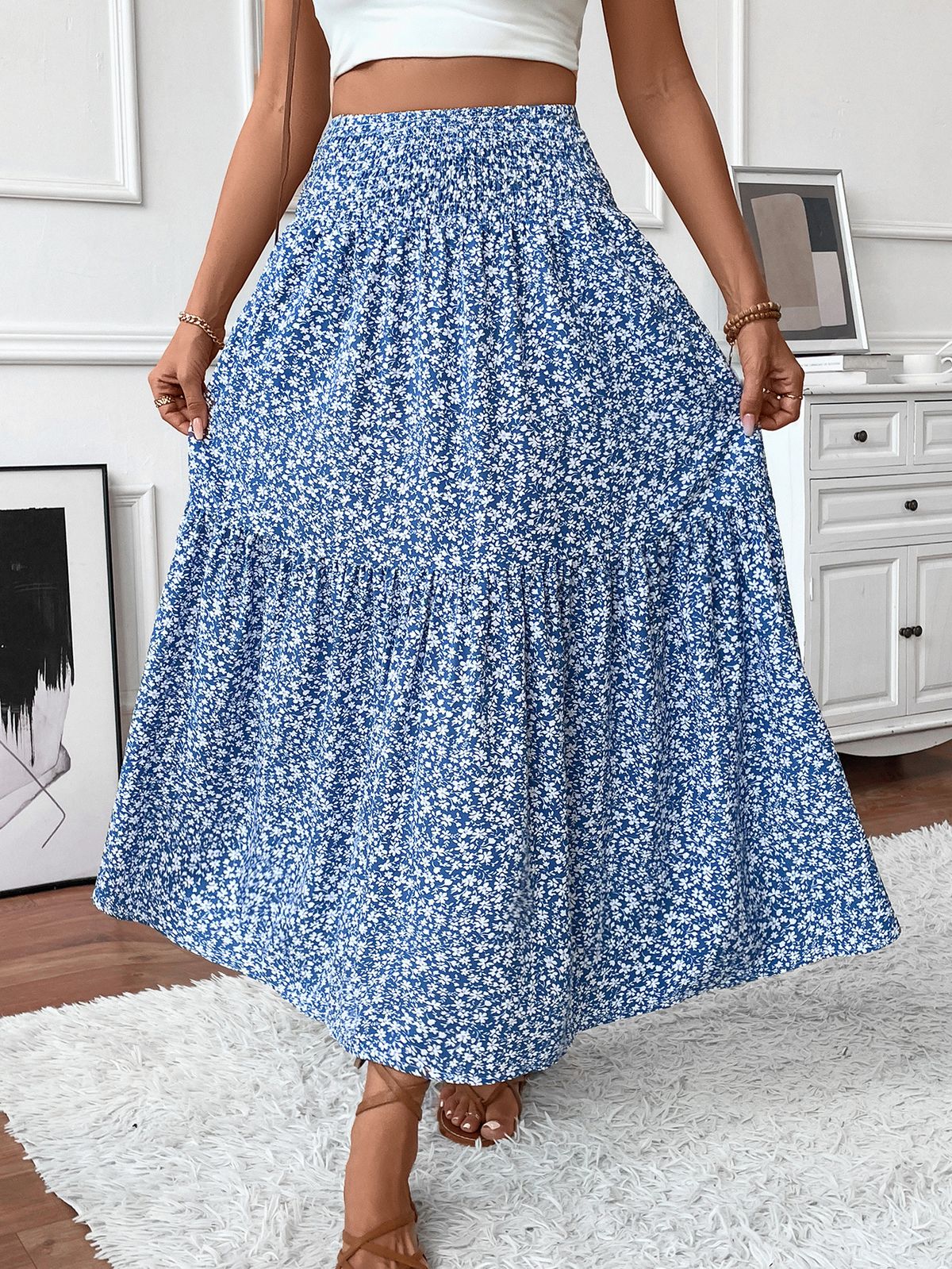Women's Clothing Fresh Floral Long Skirt Casual Slim Pleated High Waist Skirt_ecoleips.com