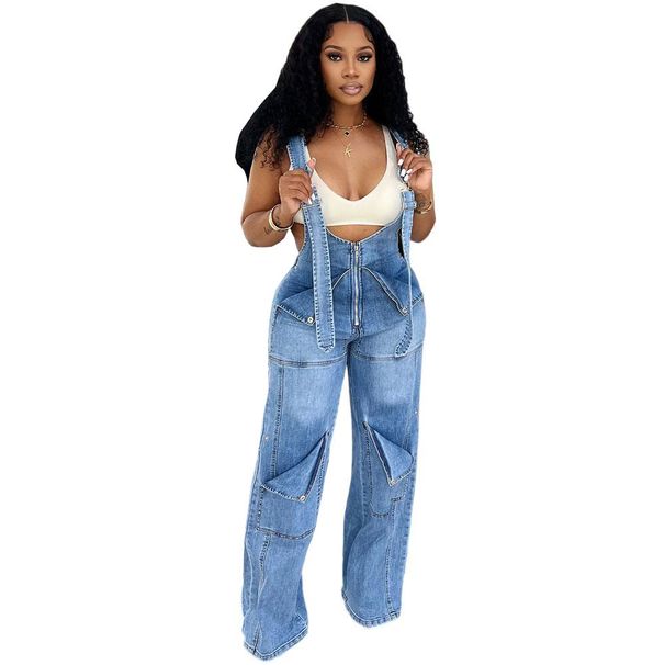 Women's Clothing Women's Summer Street Casual Zipper Washed Jumpsuit_ecoleips.com