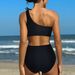 Aria Basics Foreign Trade Three-dimensional Floral Solid Black One-shoulder High-waisted Tummy-covering Two-piece Bikini Swimsuit_ecoleips.com