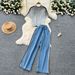Revival Denim & Knit Set – Cropped Mock Neck + High-Waisted Wide-Leg Jeans (S/M/L, Grey/White/Black)_ecoleips.com