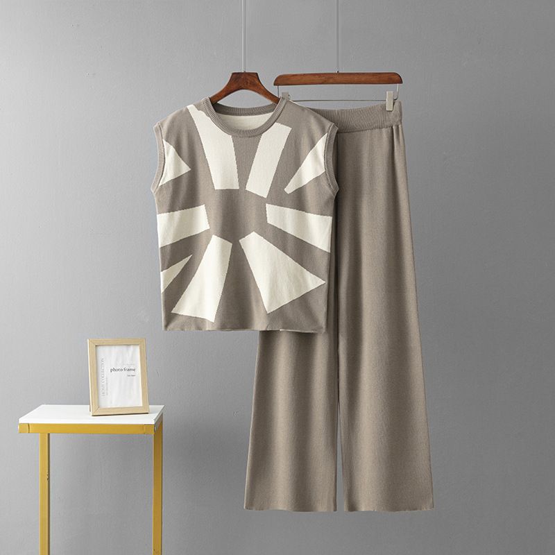 Summer New Women's Cross Border Simple Jacquard Knitted Two Piece Set Sleeveless Vest Top And Wide Leg Pants Loose Fit_ecoleips.com