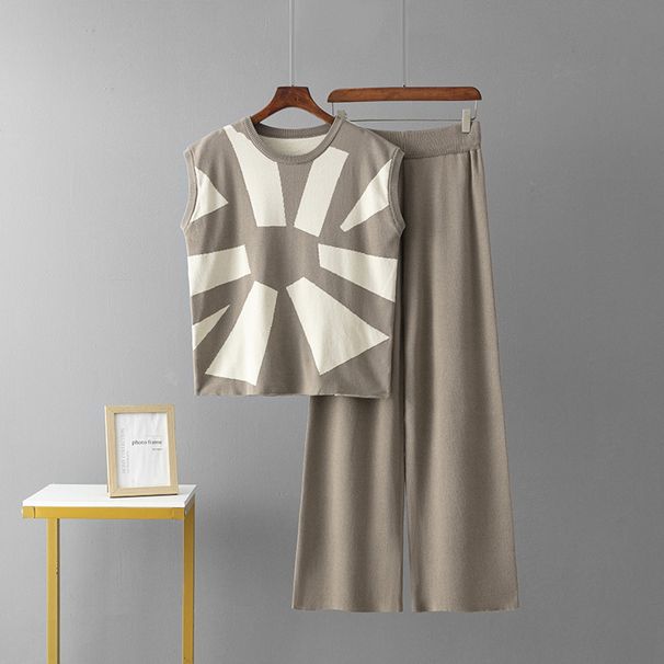 Summer New Women's Cross Border Simple Jacquard Knitted Two Piece Set Sleeveless Vest Top And Wide Leg Pants Loose Fit_ecoleips.com