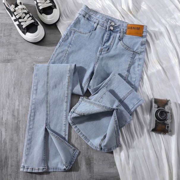 Women's High Waist Flared Jeans Front Slit Korean Style Boot Cut Elastic Straight Full Length Pants Casual Fashion Cotton_ecoleips.com