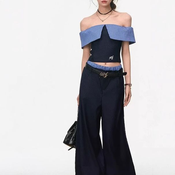 April 5th New WESTAYONE Off-Shoulder Top Women's College Style Set Casual Straight Wide-Leg Pants_ecoleips.com
