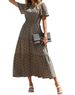 Women's Short Sleeve Round Neck Ruched Elastic Waist Layered Long Skirt Summer Bohemian Floral Flared Sundress_ecoleips.com