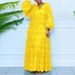 Plus Size V-Neck Bow Tie Floral Embroidered Dress – Lantern Sleeves & Pleated Maxi Dress For Women_ecoleips.com