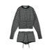 Women’s Color Block Knit Set – Striped Long Sleeve Cardigan & Drawstring Shorts, Y2K Retro Casual Outfit (Black, Gray)_ecoleips.com