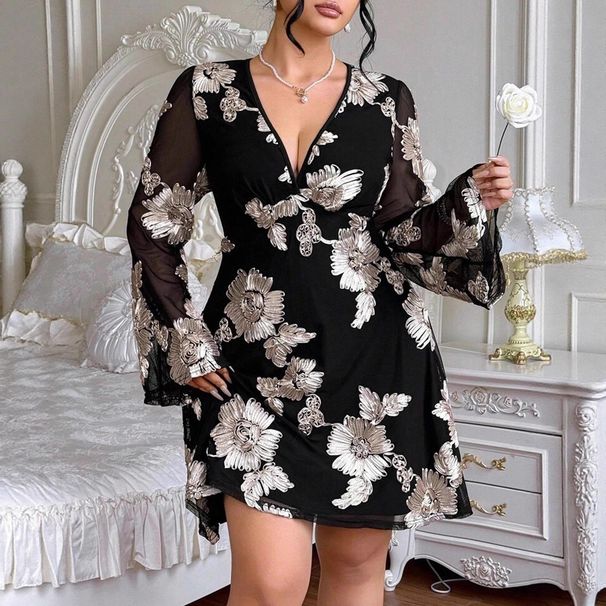 Elegant Plus-Size Evening Dress V-Neck Long Sleeve Floral Embroidered Gown, Sexy High-Waist Formal Dress For Parties & Special Occasions_ecoleips.com