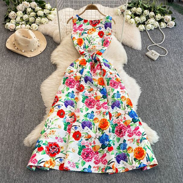 High-End Women's Sleeveless Dress European American Style Fashion Print round Neck Fitted Waist Pleated Full Skirt_ecoleips.com
