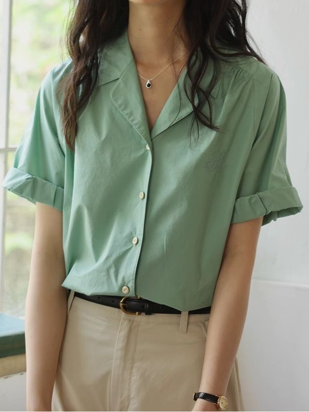 Solighter French Style Cuban Collar Letter Embroidery Shirt For Women Summer 2025 New Loose Short Sleeve Blouse_ecoleips.com