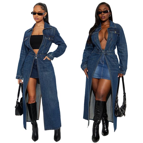 "Stylish Long Sleeve Denim Duster Coat With Pockets - Oversized Open Front Jacket For Women, Streetwear Fashion, S/M/L/XL/2XL"_ecoleips.com
